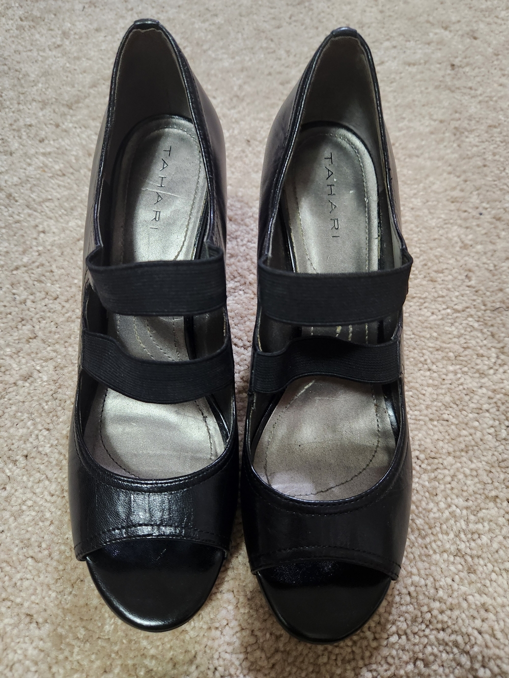 Tahari Black Peep-Toe Elastic-Strap Women's Pumps